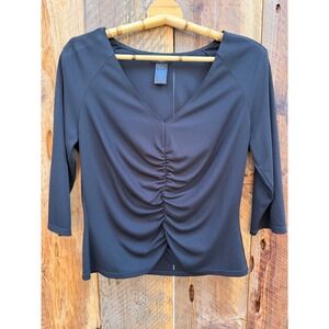 Ruched V Neck Blk Top Women L Parisian Timeless Capsule Minimalist Soft Glam Y2K